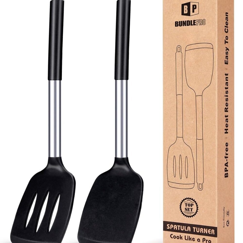 Pack of 2 Silicone Solid Turner, Non Stick Slotted Kitchen Spatulas, High Heat R